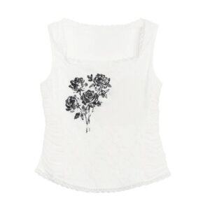White Ruched-Waist Rose-Print Tank Top