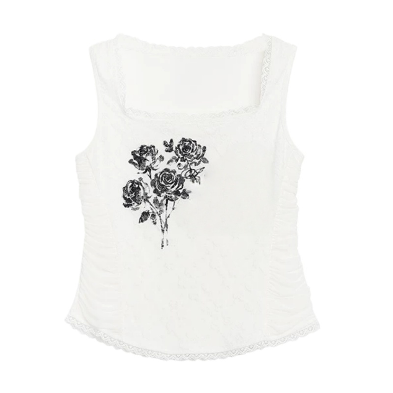 White Ruched-Waist Rose-Print Tank Top