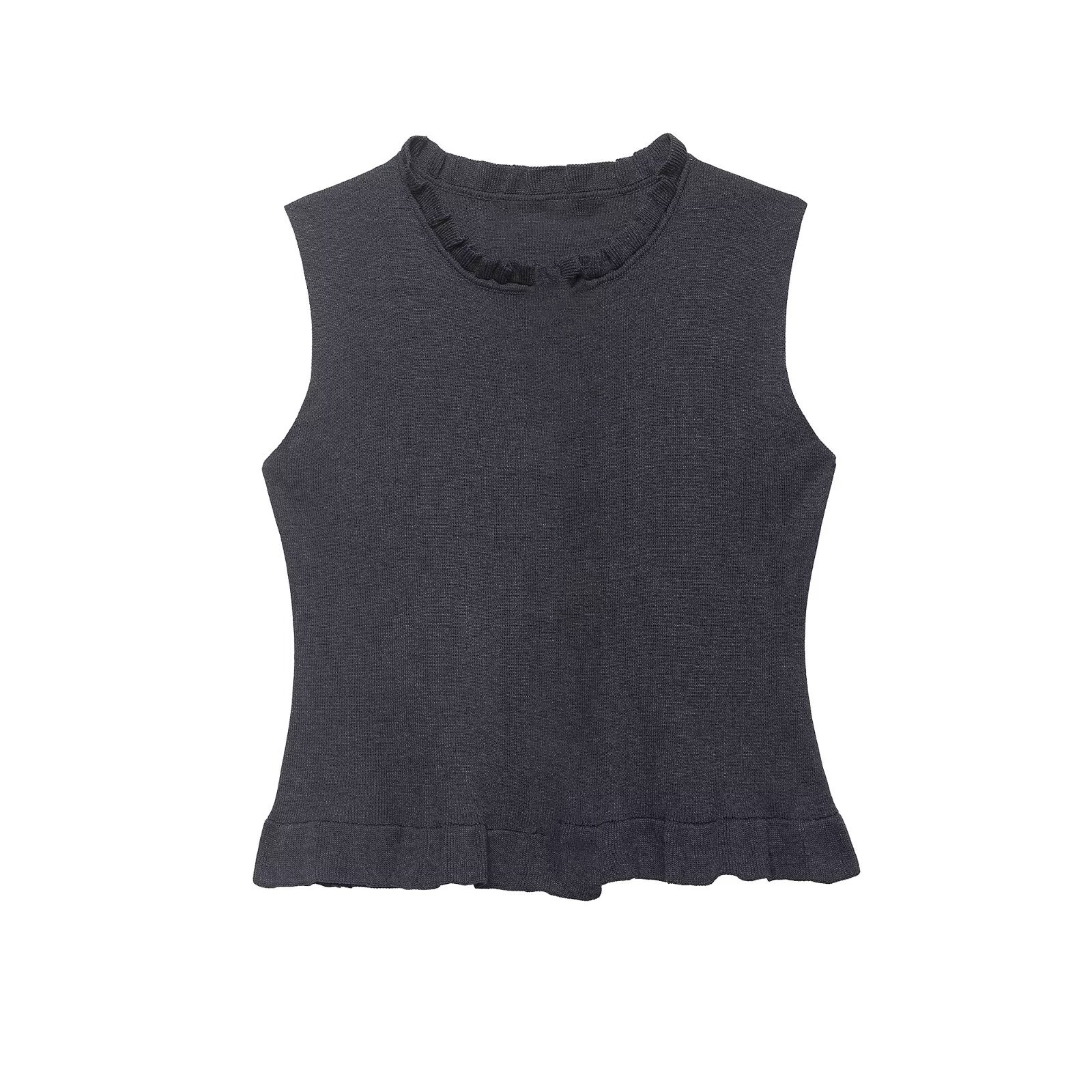 Solid-Color Casual Tank Top With Ruffled Trim — Dark Gray