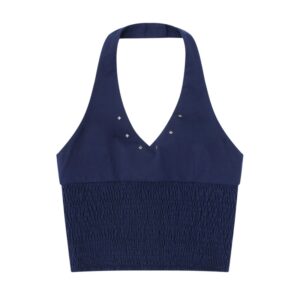Classic Sporty Halter-Neck V-Neck Tank Top — Navy Blue