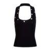 Heavy-Embellished Geometric Button Halter Tank Top — Black