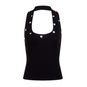 Heavy-Embellished Geometric Button Halter Tank Top — Black